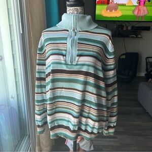 Liz claiborne Mint Earthy Brown Striped 1/4 Zip Knit Troyer Collar sweater 1x